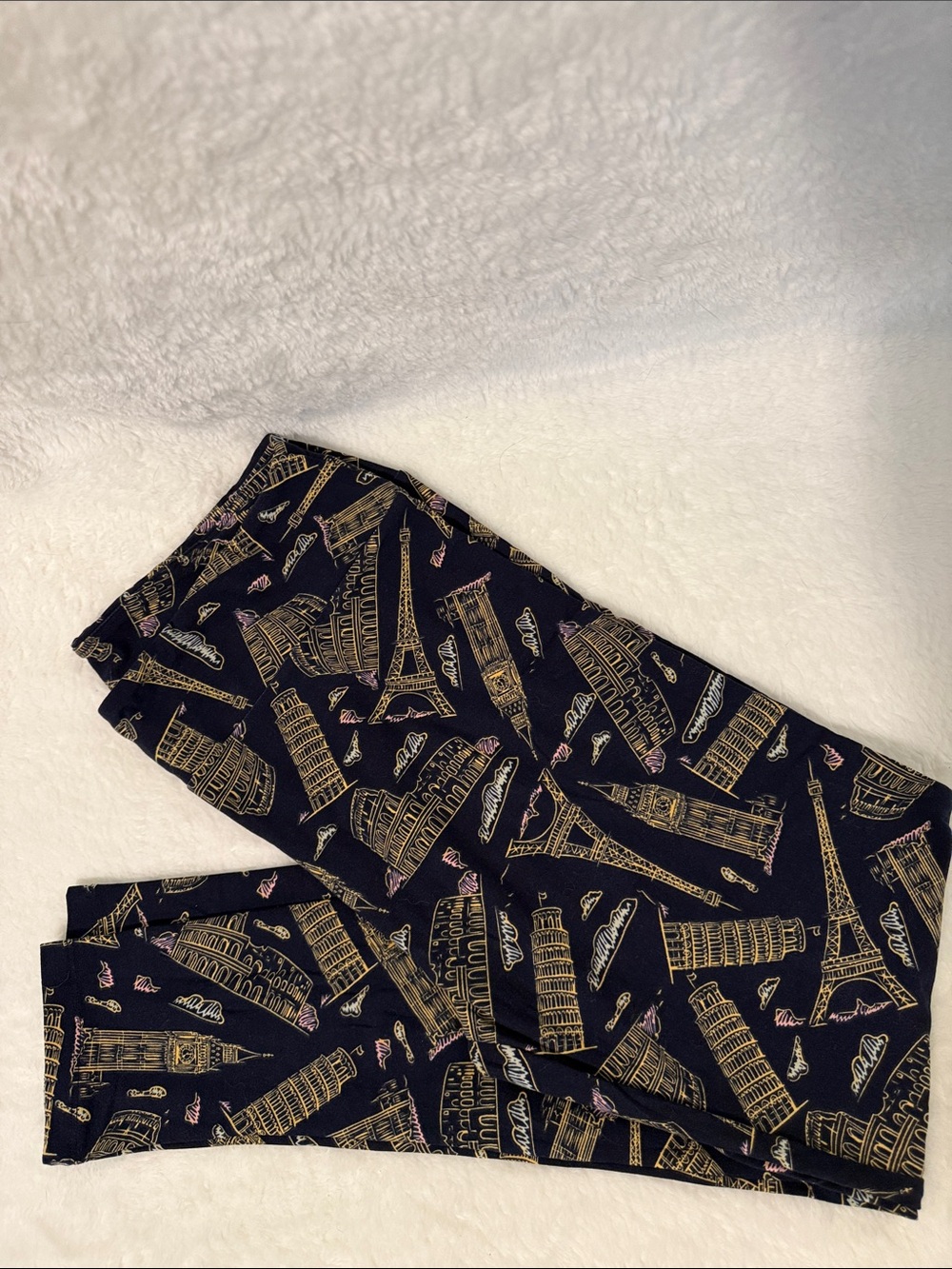 LuLaRoe Navy Blue Leggings with Gold Landmark Print and Pink Accents